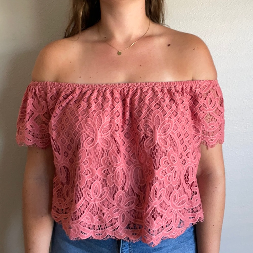 Pink lace off the shoulder top